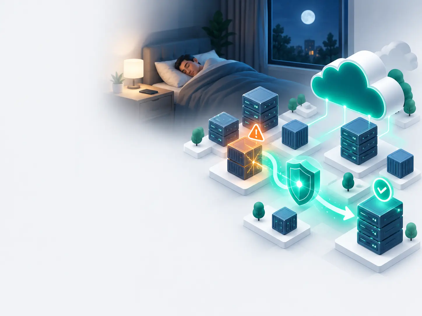 A person sleeps peacefully at night while Trego Minds detects a failing server, repairs it automatically within policy guardrails, and confirms recovery.
