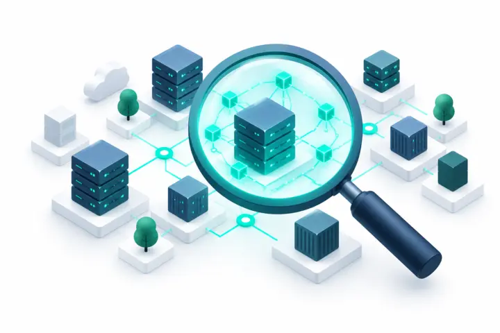 A magnifying glass reveals hidden dependencies between connected infrastructure resources.
